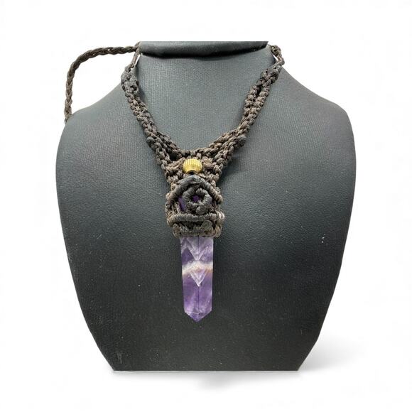 Brown Macrame Purple Amethyst Necklace with Golden Bead Adjustable Size - Picture 2 of 6